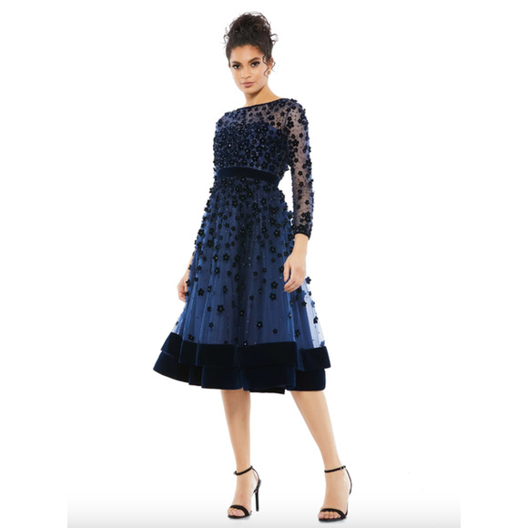 MAC DUGGAL Dress Size 0 Evening Gown Navy Blue Embellished Illusion Velvet NEW - Picture 1 of 6